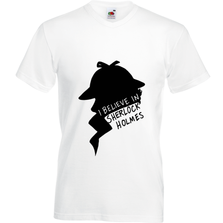 Koszulka w serek „I Believe in Sherlock Holmes”